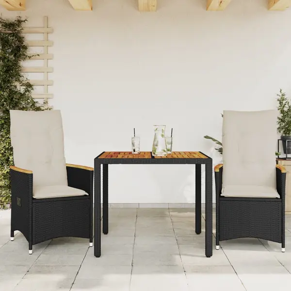 Gossi set bistro cu perne, 3 piese, negru, poliratan