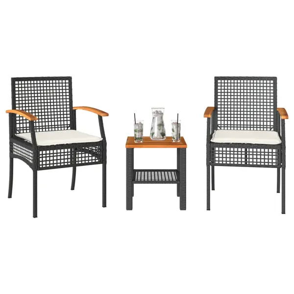 Gossi set bistro cu perne, 3 piese, negru, poliratan si lemn acacia