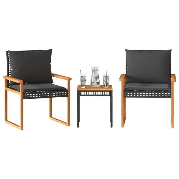 Gossi set bistro cu perne, 3 piese, negru, poliratan si lemn acacia