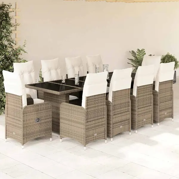 Gossi set bistro de gradina, 11 piese, cu perne, bej, poliratan