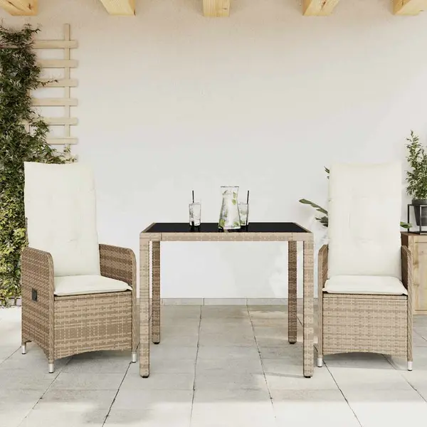 Gossi set bistro de gradina, 3 piese, cu perne, bej, poliratan