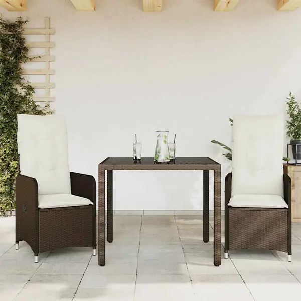 Gossi set bistro de gradina, 3 piese, cu perne, maro, poliratan