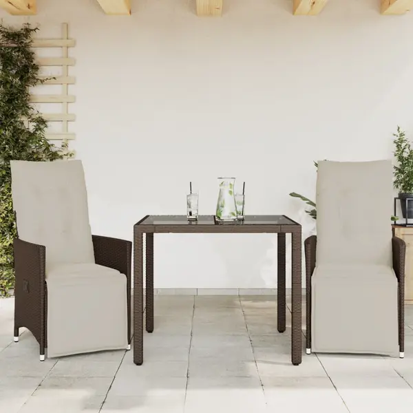 Gossi set bistro de gradina, 3 piese, cu perne, maro, poliratan