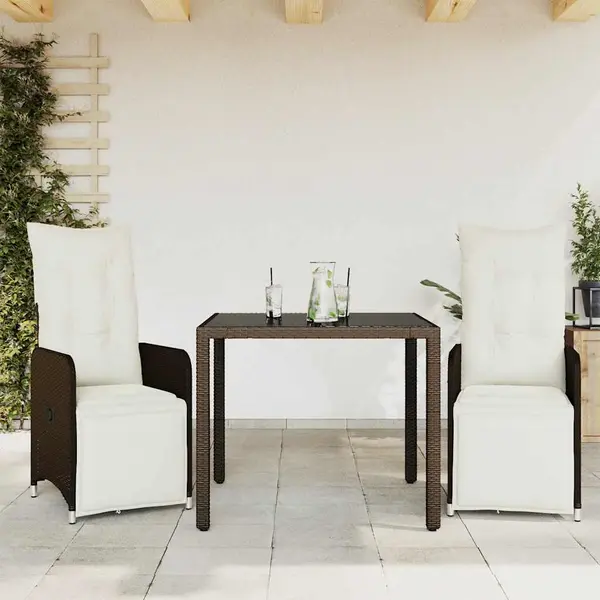 Gossi set bistro de gradina, 3 piese, cu perne, maro, poliratan