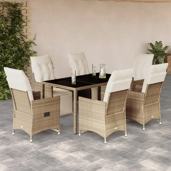 Gossi set bistro de gradina, 7 piese, cu perne, bej, poliratan