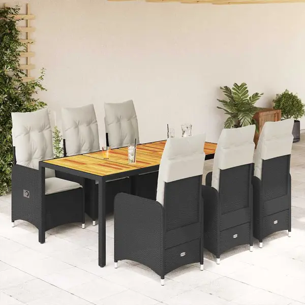 Gossi set bistro de gradina, 7 piese, cu perne, negru, poliratan