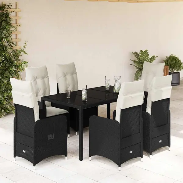 Gossi set bistro de gradina, 7 piese, cu perne, negru, poliratan