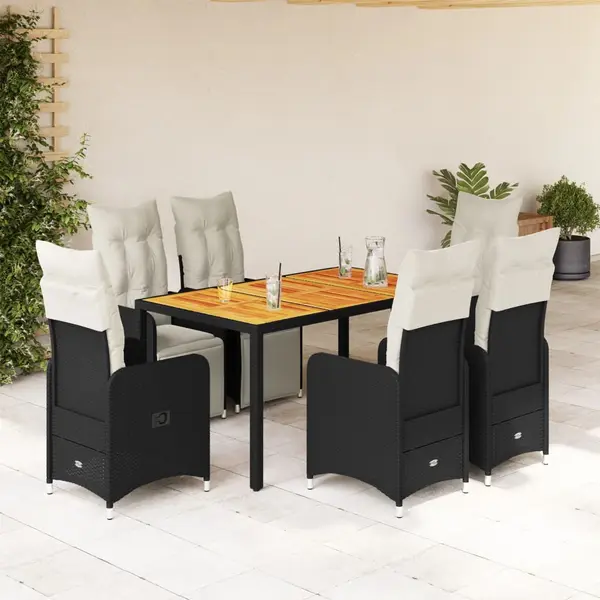 Gossi set bistro de gradina, 7 piese, cu perne, negru, poliratan
