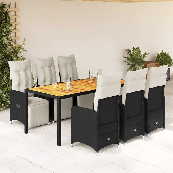 Gossi set bistro de gradina, 7 piese, cu perne, negru, poliratan