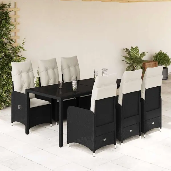 Gossi set bistro de gradina, 7 piese, cu perne, negru, poliratan