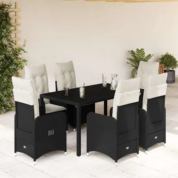 Gossi set bistro de gradina, 7 piese, cu perne, negru, poliratan
