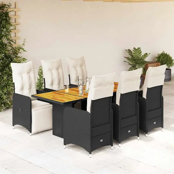 Gossi set bistro de gradina, 7 piese, cu perne, negru, poliratan