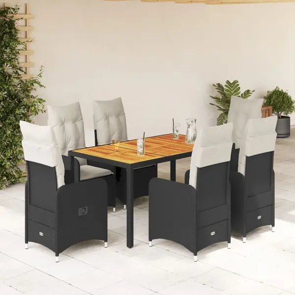 Gossi set bistro de gradina, 7 piese, cu perne, negru, poliratan