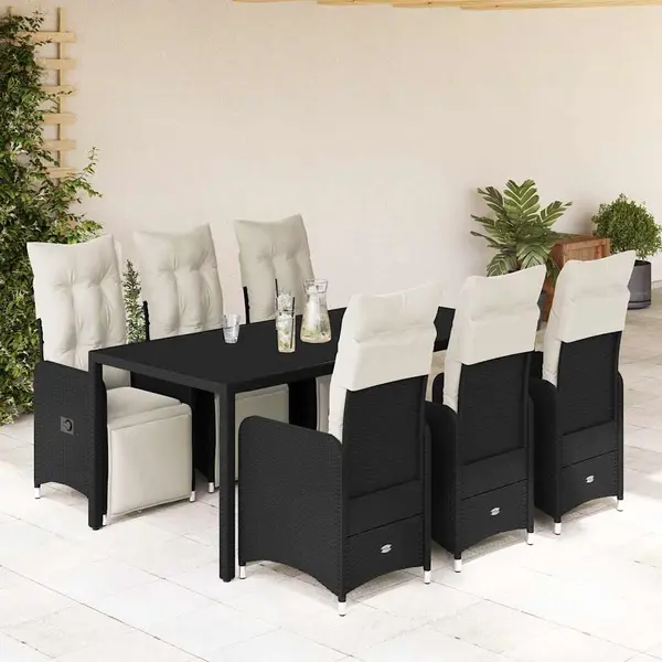 Gossi set bistro de gradina, 7 piese, cu perne, negru, poliratan