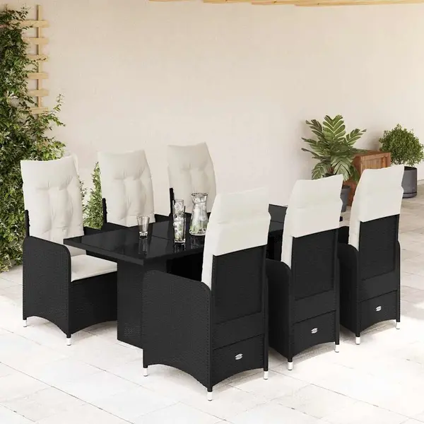 Gossi set bistro de gradina, 7 piese, cu perne, negru, poliratan