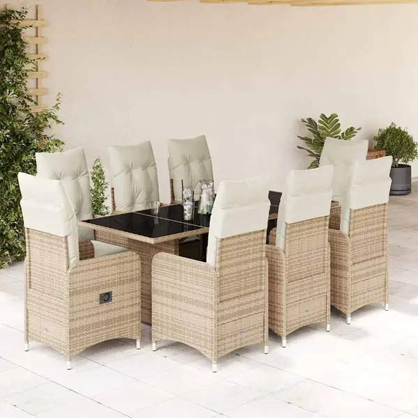 Gossi set bistro de gradina, 9 piese, cu perne, bej, poliratan