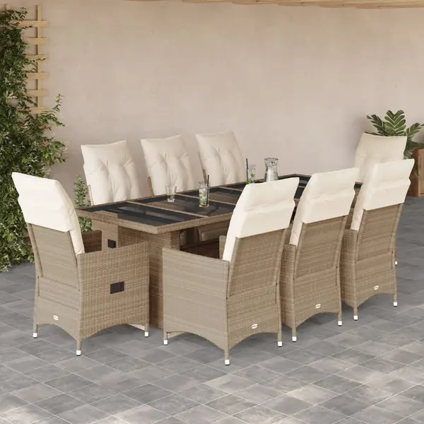 Gossi set bistro de gradina, 9 piese, cu perne, bej, poliratan