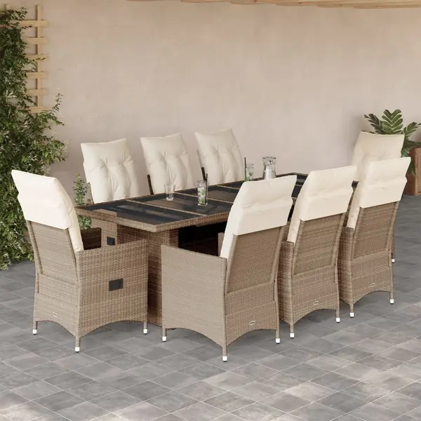Gossi set bistro de gradina, 9 piese, cu perne, bej, poliratan