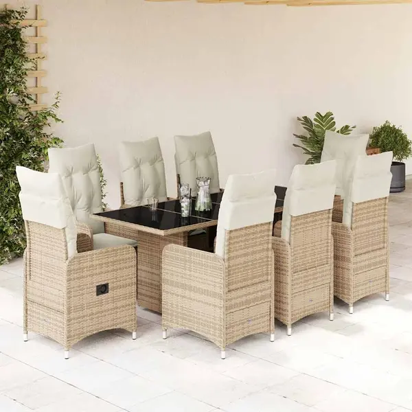 Gossi set bistro de gradina, 9 piese, cu perne, bej, poliratan