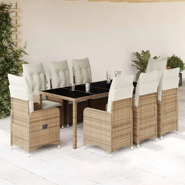 Gossi set bistro de gradina, 9 piese, cu perne, bej, poliratan