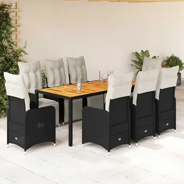 Gossi set bistro de gradina, 9 piese, cu perne, negru, poliratan