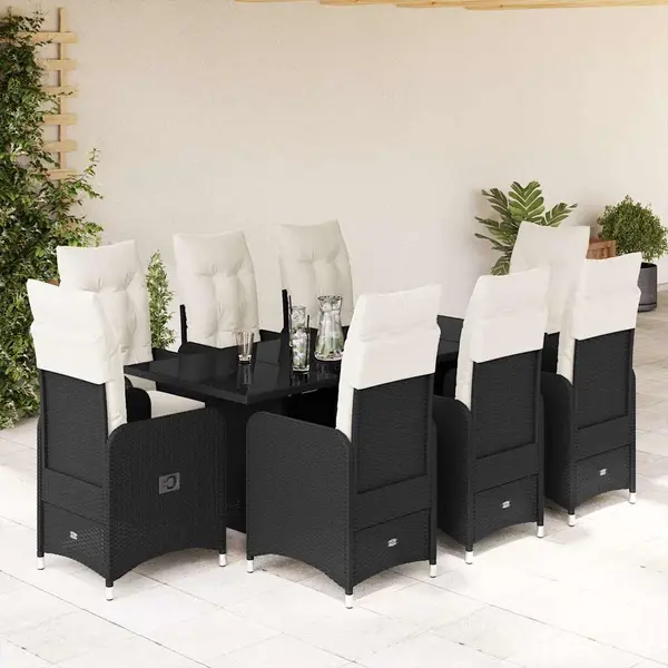 Gossi set bistro de gradina, 9 piese, cu perne, negru, poliratan