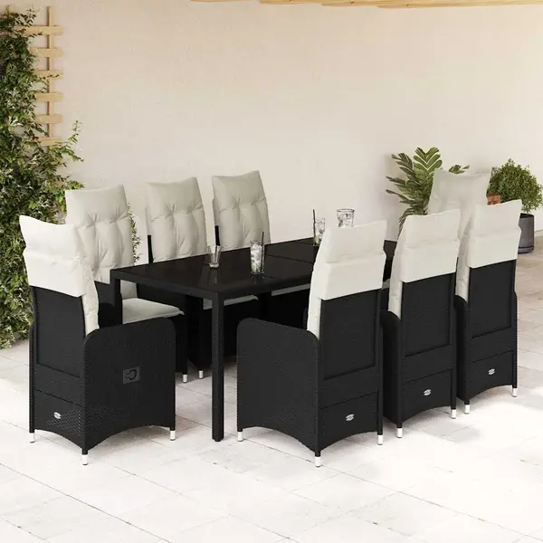Gossi set bistro de gradina, 9 piese, cu perne, negru, poliratan