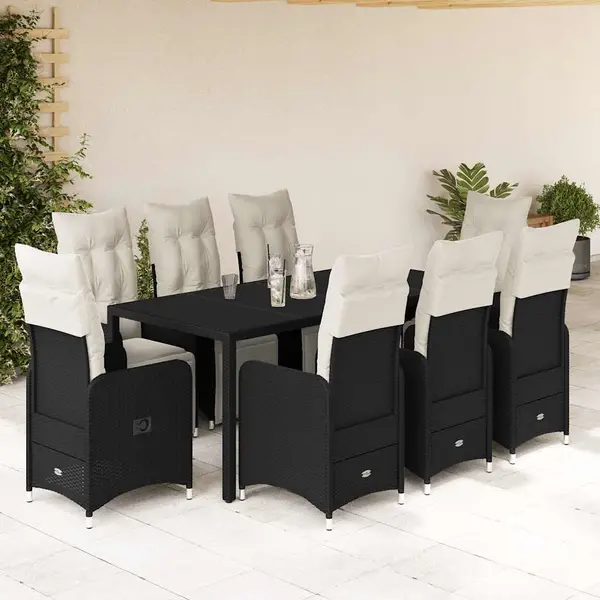 Gossi set bistro de gradina, 9 piese, cu perne, negru, poliratan