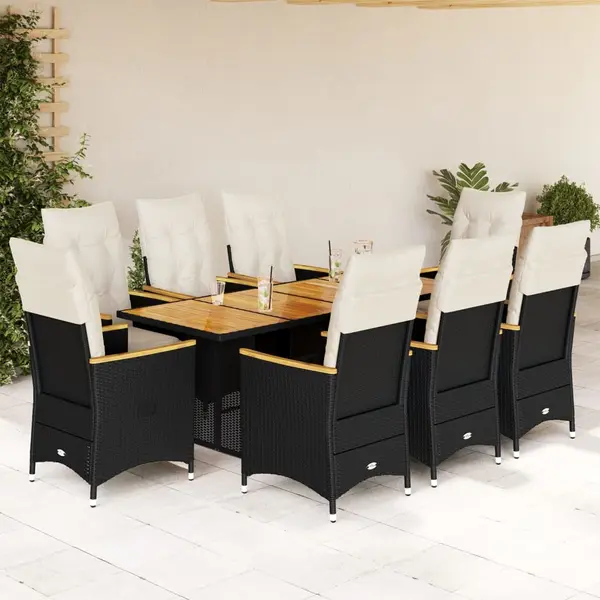 Gossi set bistro de gradina, 9 piese, cu perne, negru, poliratan