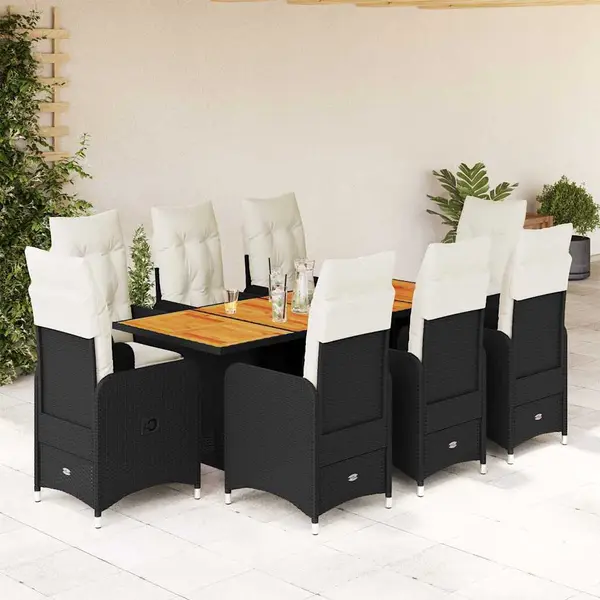 Gossi set bistro de gradina, 9 piese, cu perne, negru, poliratan
