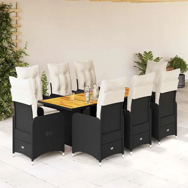 Gossi set bistro de gradina, 9 piese, cu perne, negru, poliratan