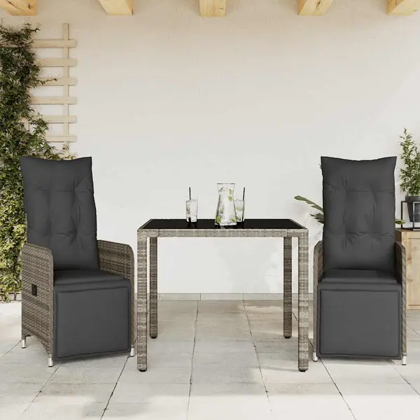 Gossi set bistro de gradina cu perne, 3 piese, gri, poliratan
