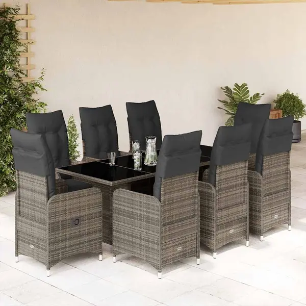 Gossi set bistro de gradina cu perne, 9 piese, gri, poliratan