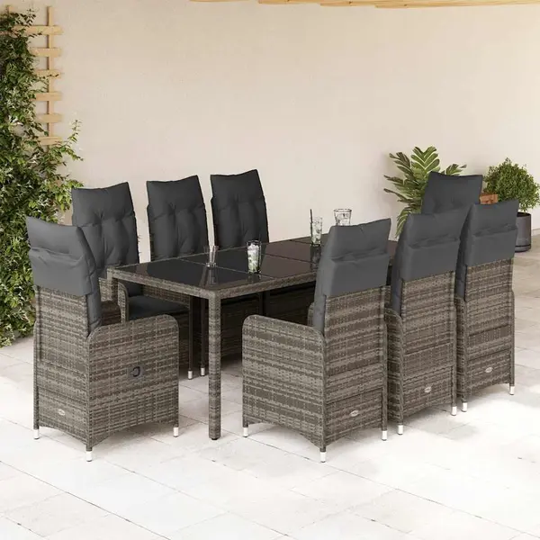 Gossi set bistro de gradina cu perne, 9 piese, gri, poliratan