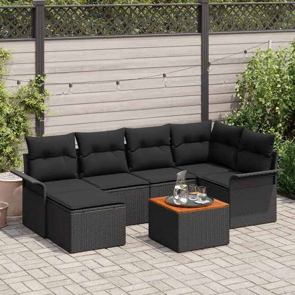 Gossi set canapea cu 7 piese, perne negre din poliratan si lemn de acacia