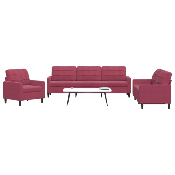 Gossi set canapea cu perne, 3 piese, rosu vin, catifea