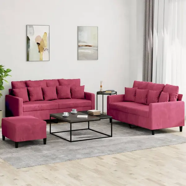 Gossi set canapea cu perne, 3 piese, rosu vin, catifea