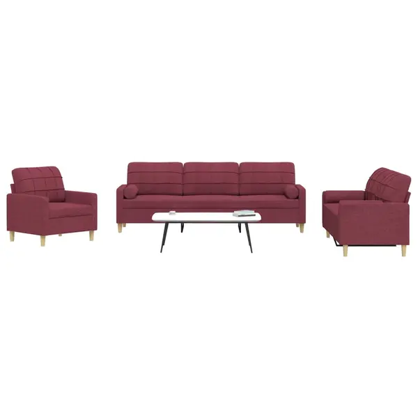 Gossi set canapea cu perne, 3 piese, rosu vin, material textil