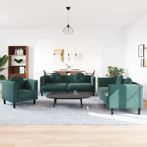 Gossi set canapea cu perne, 3 piese, verde inchis, catifea
