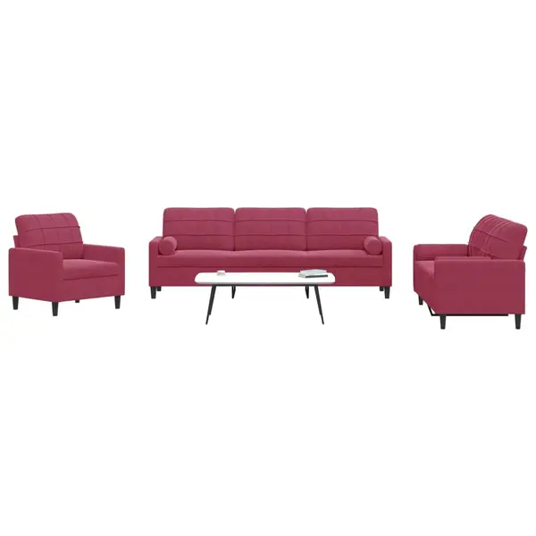 Gossi set canapea cu perne/rulouri, 3 piese, rosu vin, catifea