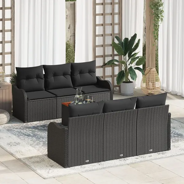 Gossi set canapea de gradina cu 7 piese si pernute negru ratan poli acacia, Gossi canapea de gradina cu 2 locuri cu pernute negru ratan poli