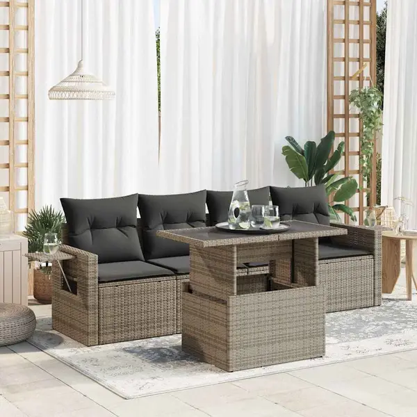Gossi set canapea de gradina cu perne, 5 piese, gri, poliratan
