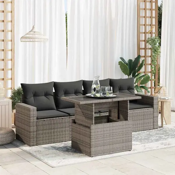 Gossi set canapea de gradina cu perne, 5 piese, gri, poliratan