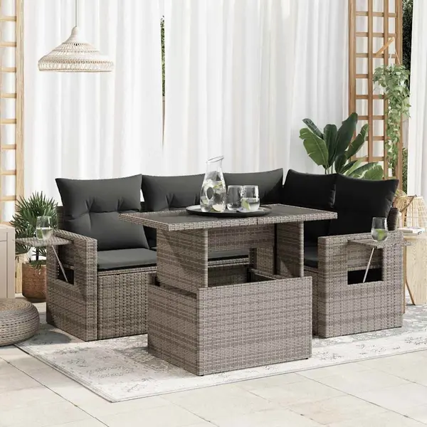 Gossi set canapea de gradina cu perne, 5 piese, gri, poliratan