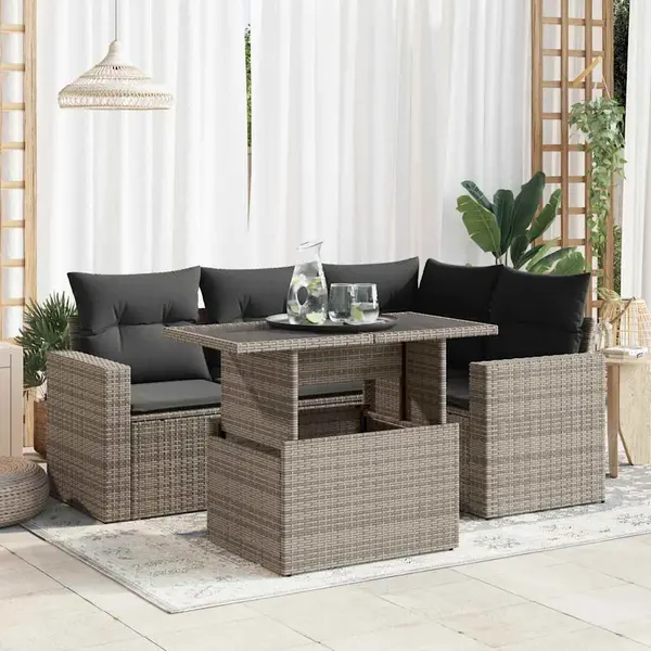 Gossi set canapea de gradina cu perne, 5 piese, gri, poliratan
