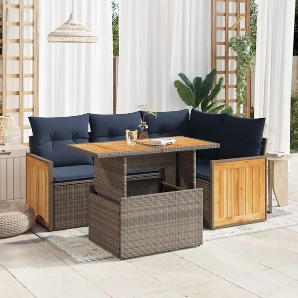 Gossi set canapea de gradina cu perne, 5 piese, poliratan/lemn acacia