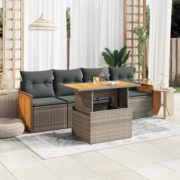 Gossi set canapea de gradina cu perne, 5 piese, poliratan/lemn acacia