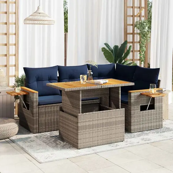 Gossi set canapea de gradina cu perne, 5 piese, poliratan/lemn acacia