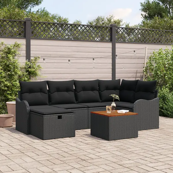 Gossi set canapea de gradina de 7 piese cu perne din poliratan negru, Gossi canapea de gradina pentru 2 persoane cu perne din poliratan negru