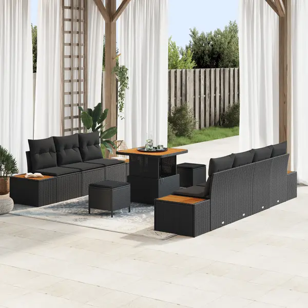 Gossi set canapea gradina 10 piese cu pernute negru ratan poli acacia, Gossi set dining gradina 3 piese cu pernute negru ratan poli acacia